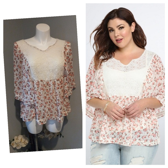 Torrid Lace Inset Chiffon Ivory Blouse - Picture 3 of 13